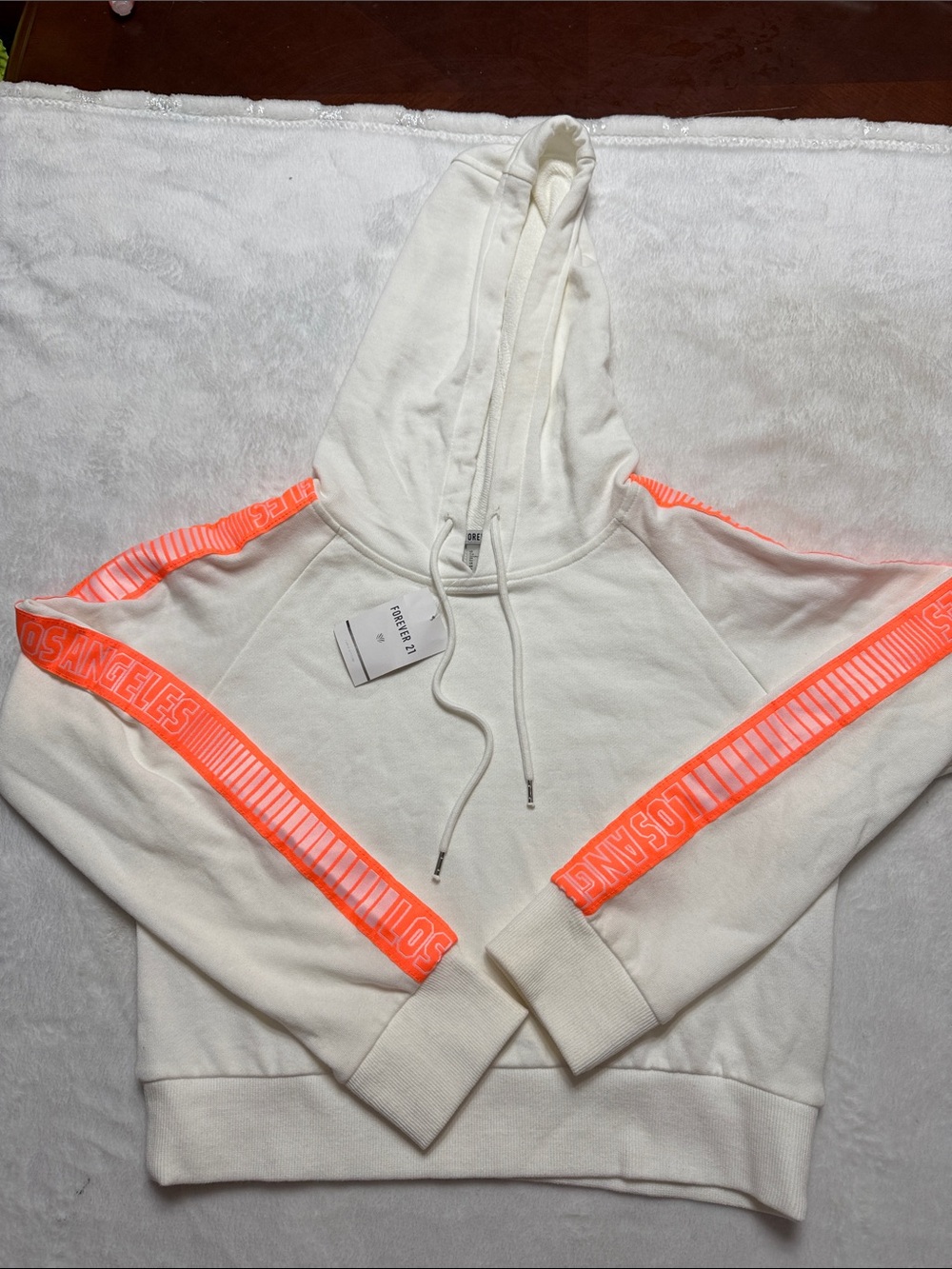 Forever 21 White Hoodie with Neon Coral Sleeve Tape